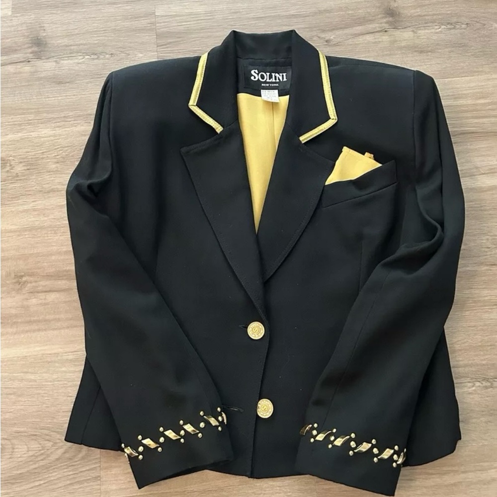 Size 10 Solini NY Blazer Navy Gold Accents Yellow Lining Button Front Collared